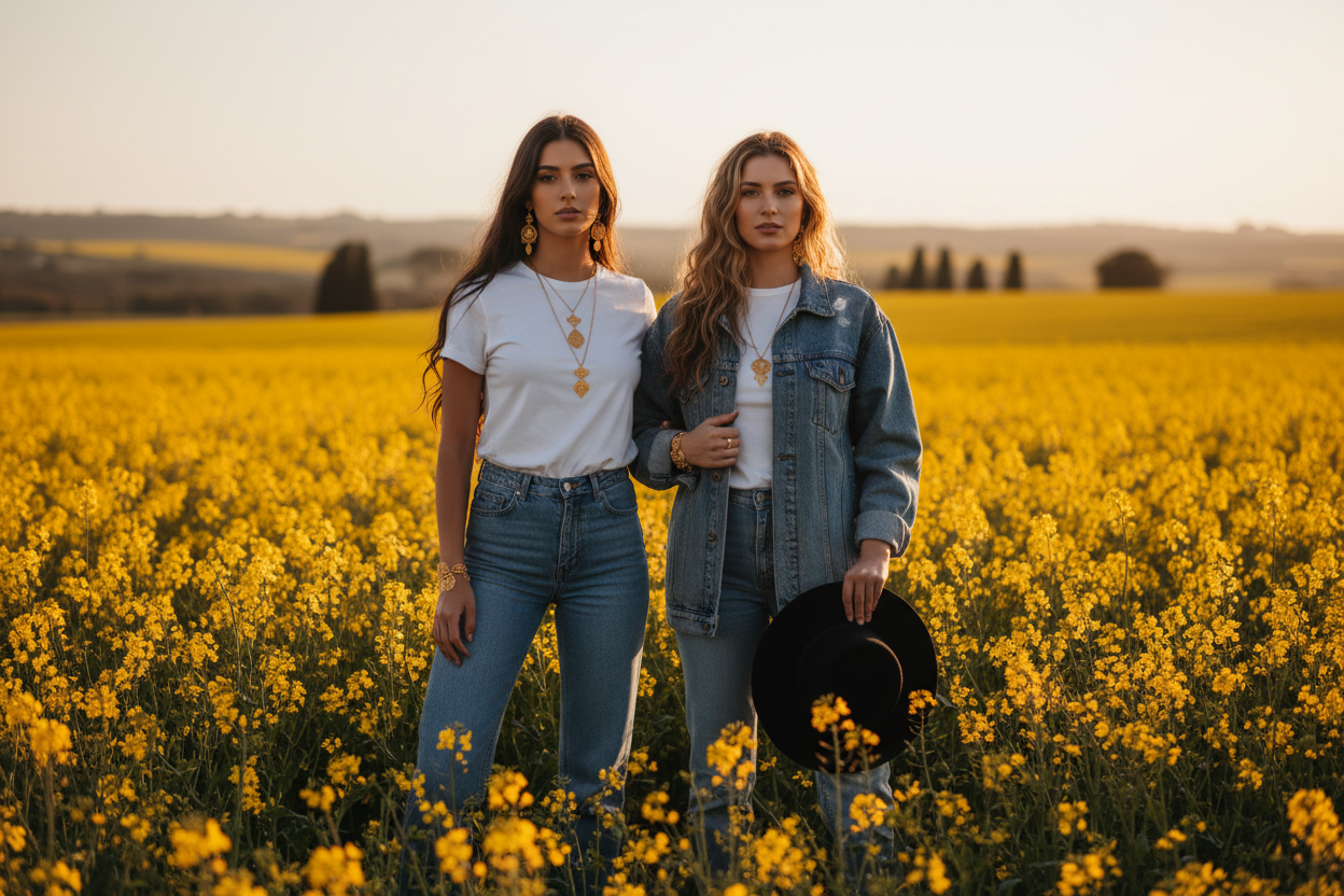 Champs de fleur de colza, vue plus éloignée. Teeshirt blanc basic rentré dans le jeans. Veste en jeans oversize. Retirer la broche. Le chapeau à la main. Prise de vue en bas pour voir toute leur silhouette. Coller les deux femmes 
