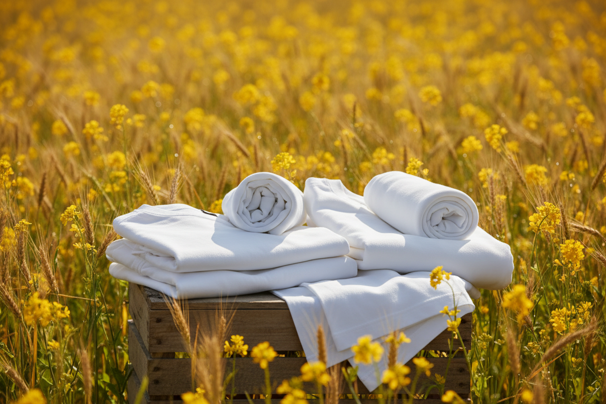 Génère une photo de mise en scène avec des tee-shirts blanc coton basic et sweat-shirt.  Thème ambiance champs de fleurs jaunes moutarde et blé. Journée ensoleillée gros plan sur les tee-shirts et sweat-shirt 
